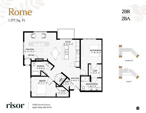Floor plan for 2 beds, 2 baths, 1377 sqft
